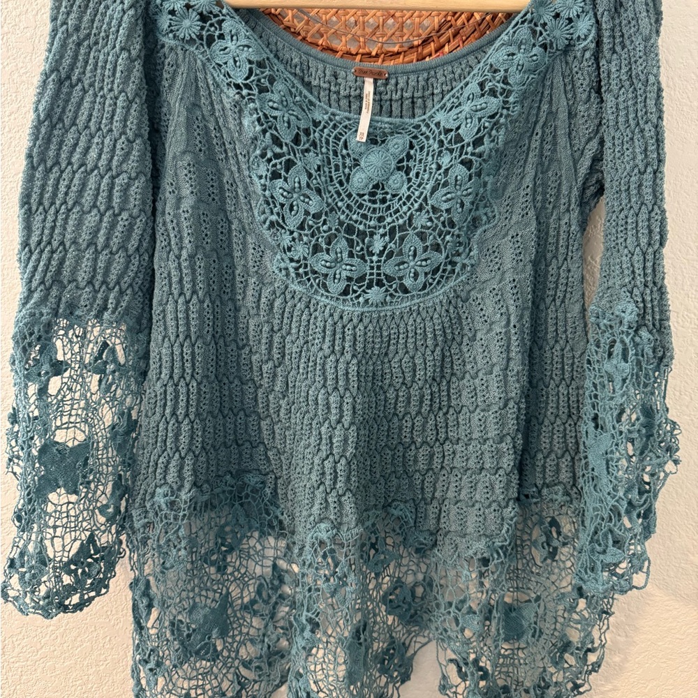 Free People Teal Crochet Blouse